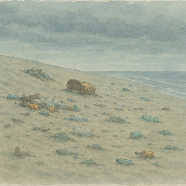 Художественная иллюстрация. Песчаный пляж с разбросанным мусором, на фоне моря и пасмурного неба.